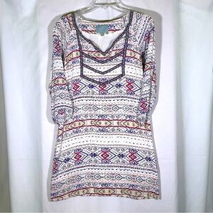 Skies are Blue Ikat Print Lined 3/4 Sleeves Mini Dress Women's size Small
